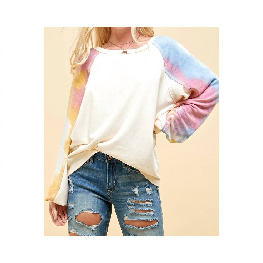 NEW ENDLESS BLU. tie dye sleeve fleece top in multi